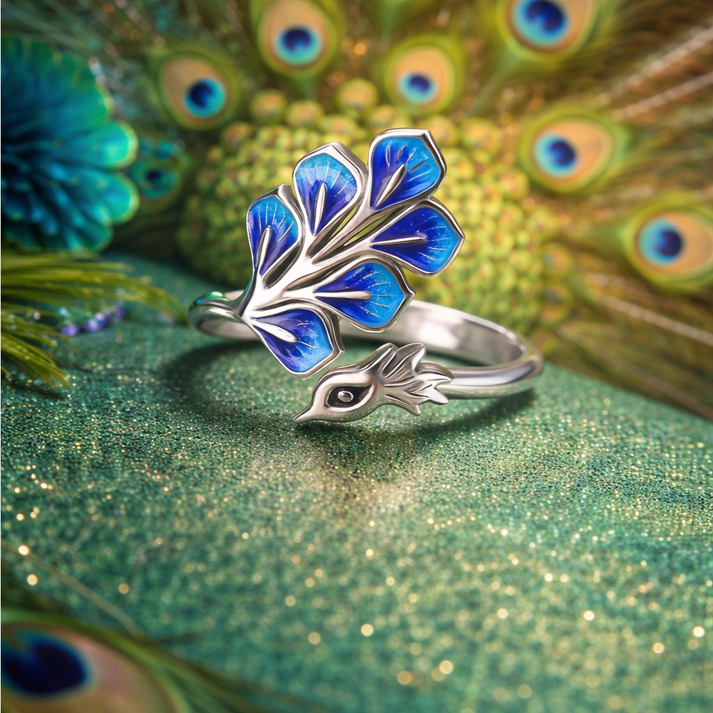 Peacock Feather Blue Enamel Adjustable Ring - Women's Silver Fashion Jewelry